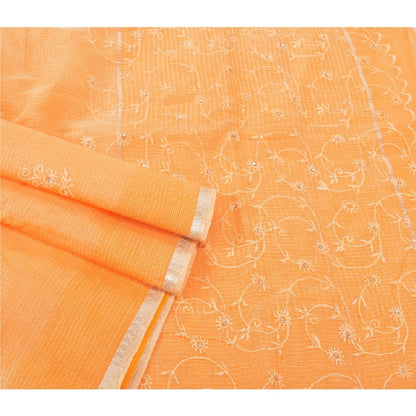 Sanskriti Vintage Sari 100% Pure Cotton Saffron Sarees Embroidered Kota Woven 6 yard Fabric Rajasthan Fabric For Dressmaking,Craft Supplies,Upcyclers