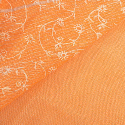 Sanskriti Vintage Sari 100% Pure Cotton Saffron Sarees Embroidered Kota Woven 6 yard Fabric Rajasthan Fabric For Dressmaking,Craft Supplies,Upcyclers