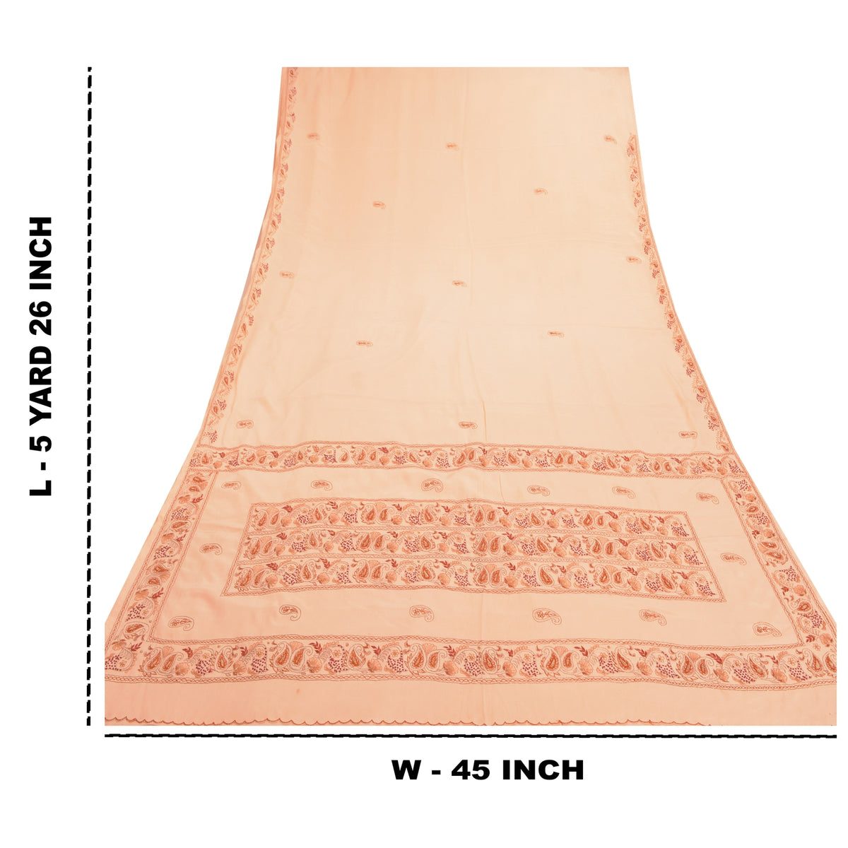 Sanskriti Vintage Hand Embrodered-Beaded Art Silk Saree Peach Sari 5 Yd Fabric