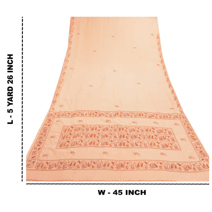 Sanskriti Vintage Hand Embrodered-Beaded Art Silk Saree Peach Sari 5 Yd Fabric