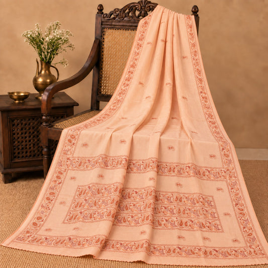 Sanskriti Vintage Hand Embrodered-Beaded Art Silk Saree Peach Sari 5 Yd Fabric