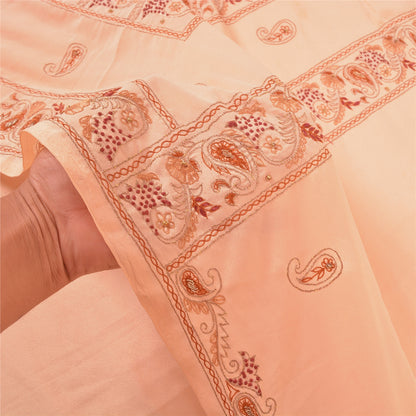 Sanskriti Vintage Hand Embrodered-Beaded Art Silk Saree Peach Sari 5 Yd Fabric