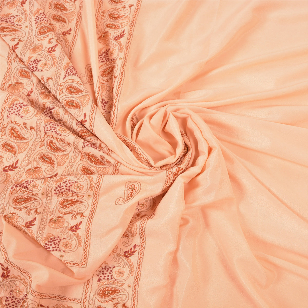 Sanskriti Vintage Hand Embrodered-Beaded Art Silk Saree Peach Sari 5 Yd Fabric