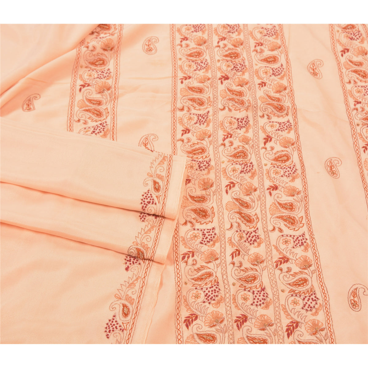 Sanskriti Vintage Hand Embrodered-Beaded Art Silk Saree Peach Sari 5 Yd Fabric