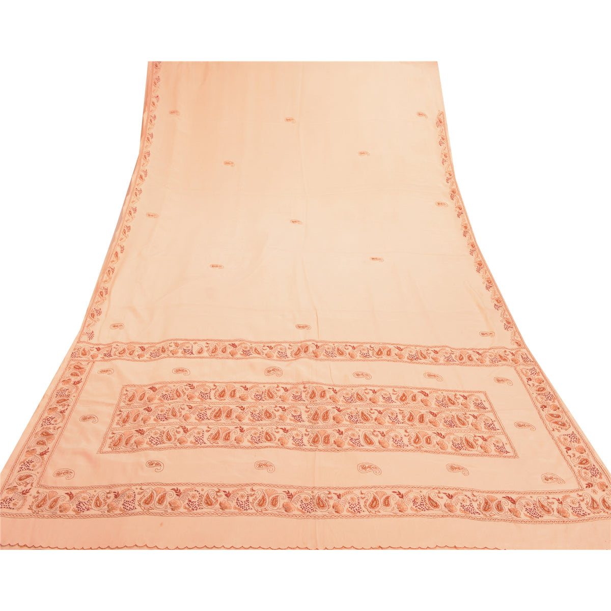 Sanskriti Vintage Hand Embrodered-Beaded Art Silk Saree Peach Sari 5 Yd Fabric