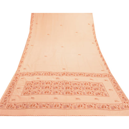 Sanskriti Vintage Hand Embrodered-Beaded Art Silk Saree Peach Sari 5 Yd Fabric