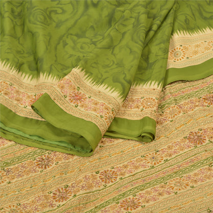 Sanskriti Vintage Hand Beaded-Printed Art Silk Saree Green Premium Sari Fabric