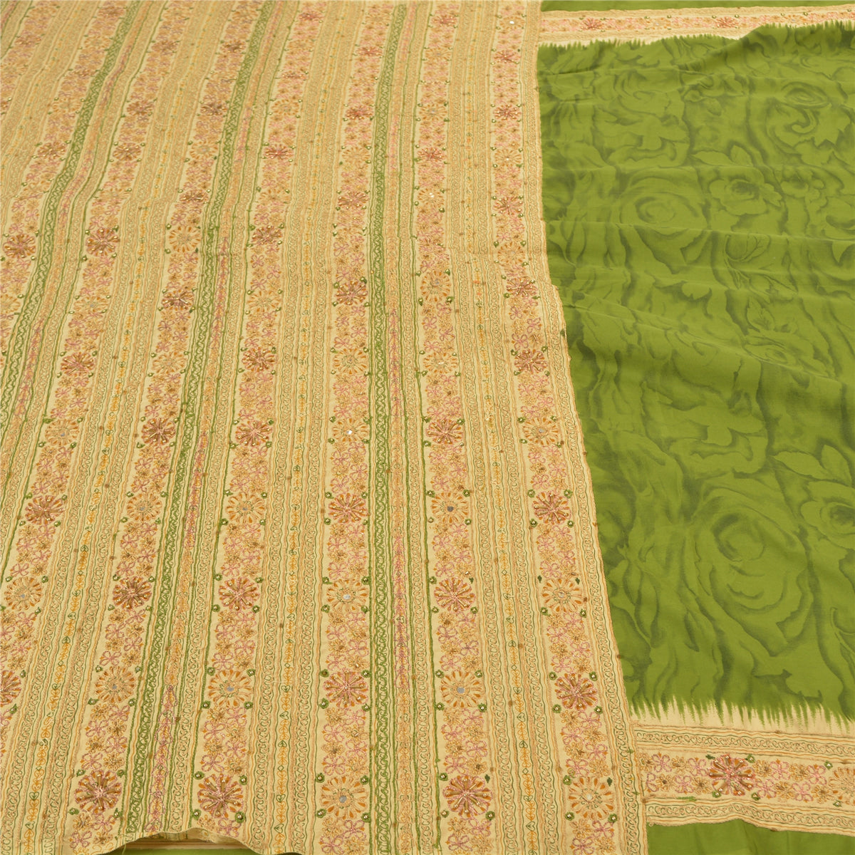Sanskriti Vintage Hand Beaded-Printed Art Silk Saree Green Premium Sari Fabric