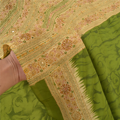 Sanskriti Vintage Hand Beaded-Printed Art Silk Saree Green Premium Sari Fabric