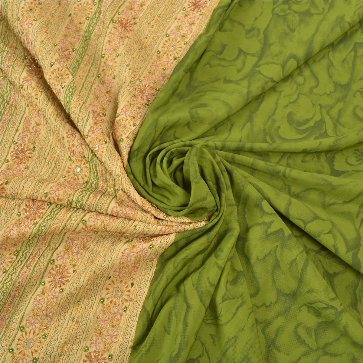 Sanskriti Vintage Hand Beaded-Printed Art Silk Saree Green Premium Sari Fabric