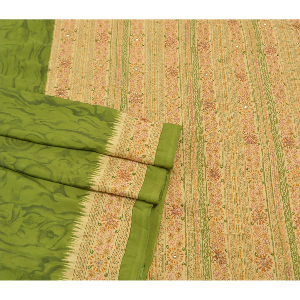 Sanskriti Vintage Hand Beaded-Printed Art Silk Saree Green Premium Sari Fabric