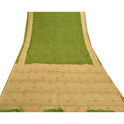 Sanskriti Vintage Hand Beaded-Printed Art Silk Saree Green Premium Sari Fabric
