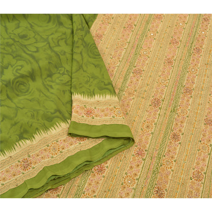 Sanskriti Vintage Hand Beaded-Printed Art Silk Saree Green Premium Sari Fabric