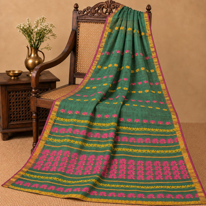 Sanskriti Vintage Begumpuri Peacock Hand-Woven Blend Silk Green Saree 5Yd Sari