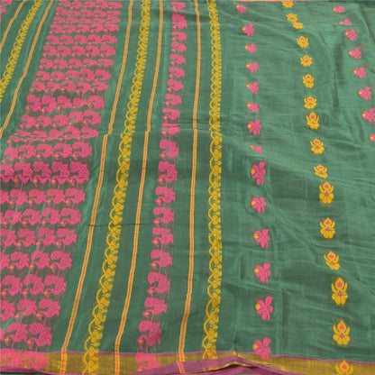 Sanskriti Vintage Begumpuri Peacock Hand-Woven Blend Silk Green Saree 5Yd Sari