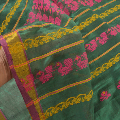 Sanskriti Vintage Begumpuri Peacock Hand-Woven Blend Silk Green Saree 5Yd Sari