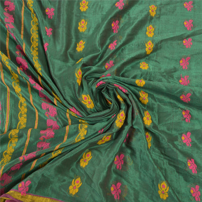 Sanskriti Vintage Begumpuri Peacock Hand-Woven Blend Silk Green Saree 5Yd Sari