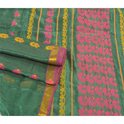 Sanskriti Vintage Begumpuri Peacock Hand-Woven Blend Silk Green Saree 5Yd Sari