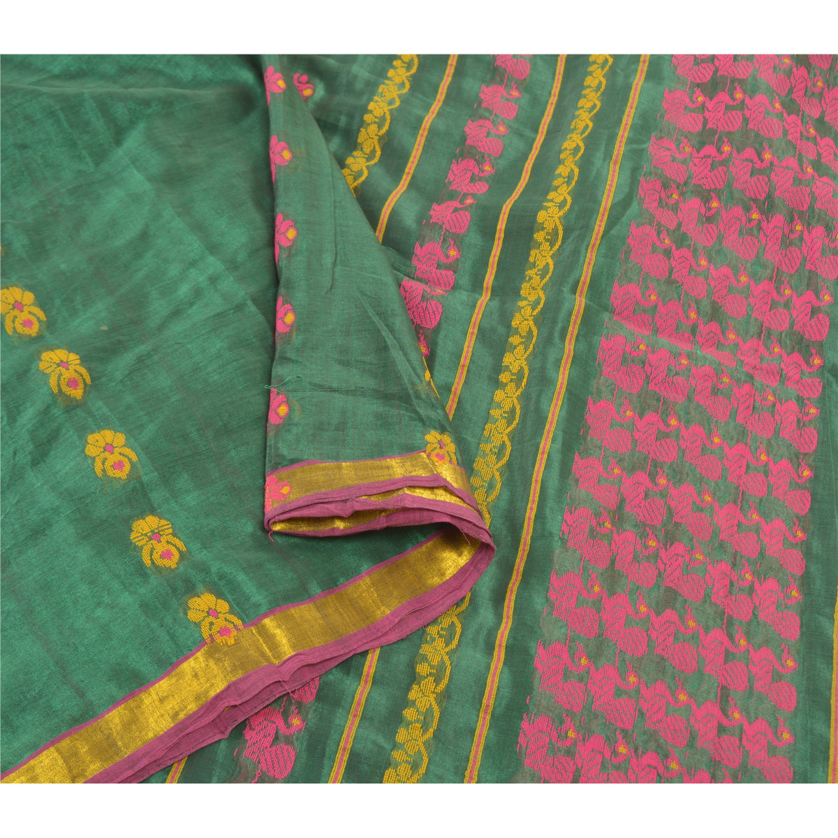Sanskriti Vintage Begumpuri Peacock Hand-Woven Blend Silk Green Saree 5Yd Sari