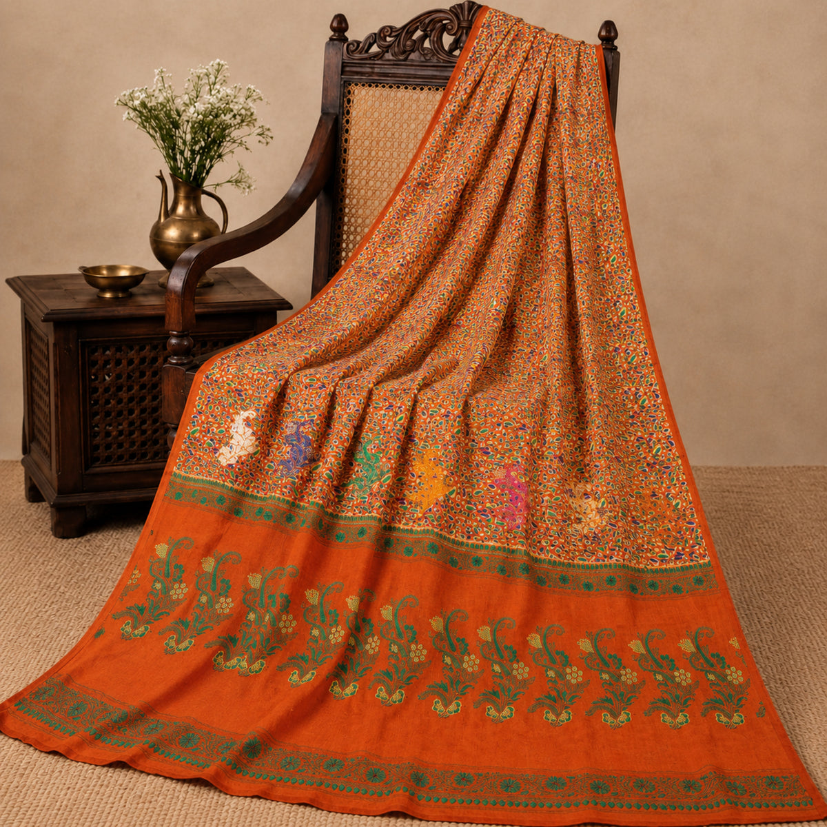 Sanskriti Vintage Abstract Print-Woven Pure Silk Saree Orange Sari Craft Fabric