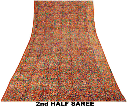Sanskriti Vintage Abstract Print-Woven Pure Silk Saree Orange Sari Craft Fabric