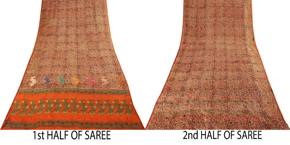 Sanskriti Vintage Abstract Print-Woven Pure Silk Saree Orange Sari Craft Fabric
