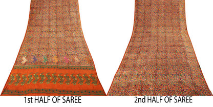 Sanskriti Vintage Abstract Print-Woven Pure Silk Saree Orange Sari Craft Fabric