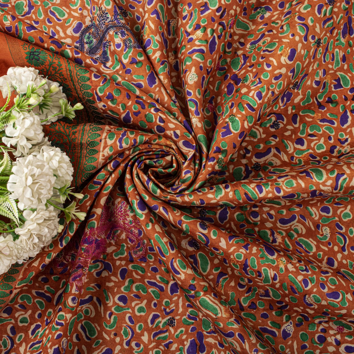 Sanskriti Vintage Abstract Print-Woven Pure Silk Saree Orange Sari Craft Fabric