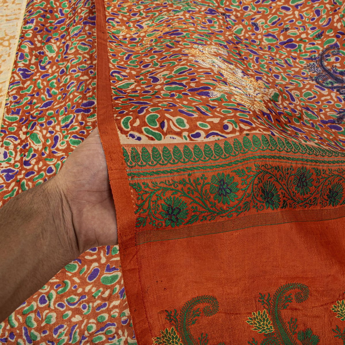 Sanskriti Vintage Abstract Print-Woven Pure Silk Saree Orange Sari Craft Fabric