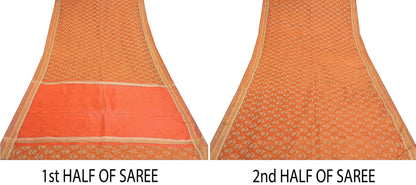 Sanskriti Vintage Orange Sarees Pure Silk Woven Premium Sari 5 Yard Sustainable Fabric