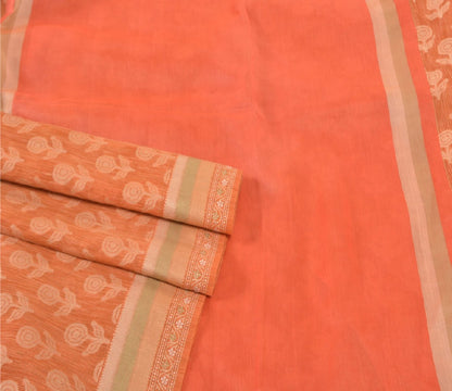 Sanskriti Vintage Orange Sarees Pure Silk Woven Premium Sari 5 Yard Sustainable Fabric