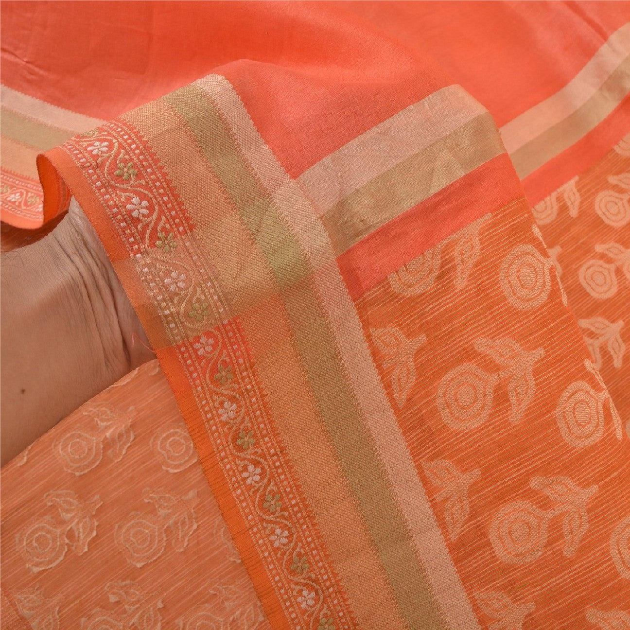 Sanskriti Vintage Orange Sarees Pure Silk Woven Premium Sari 5 Yard Sustainable Fabric