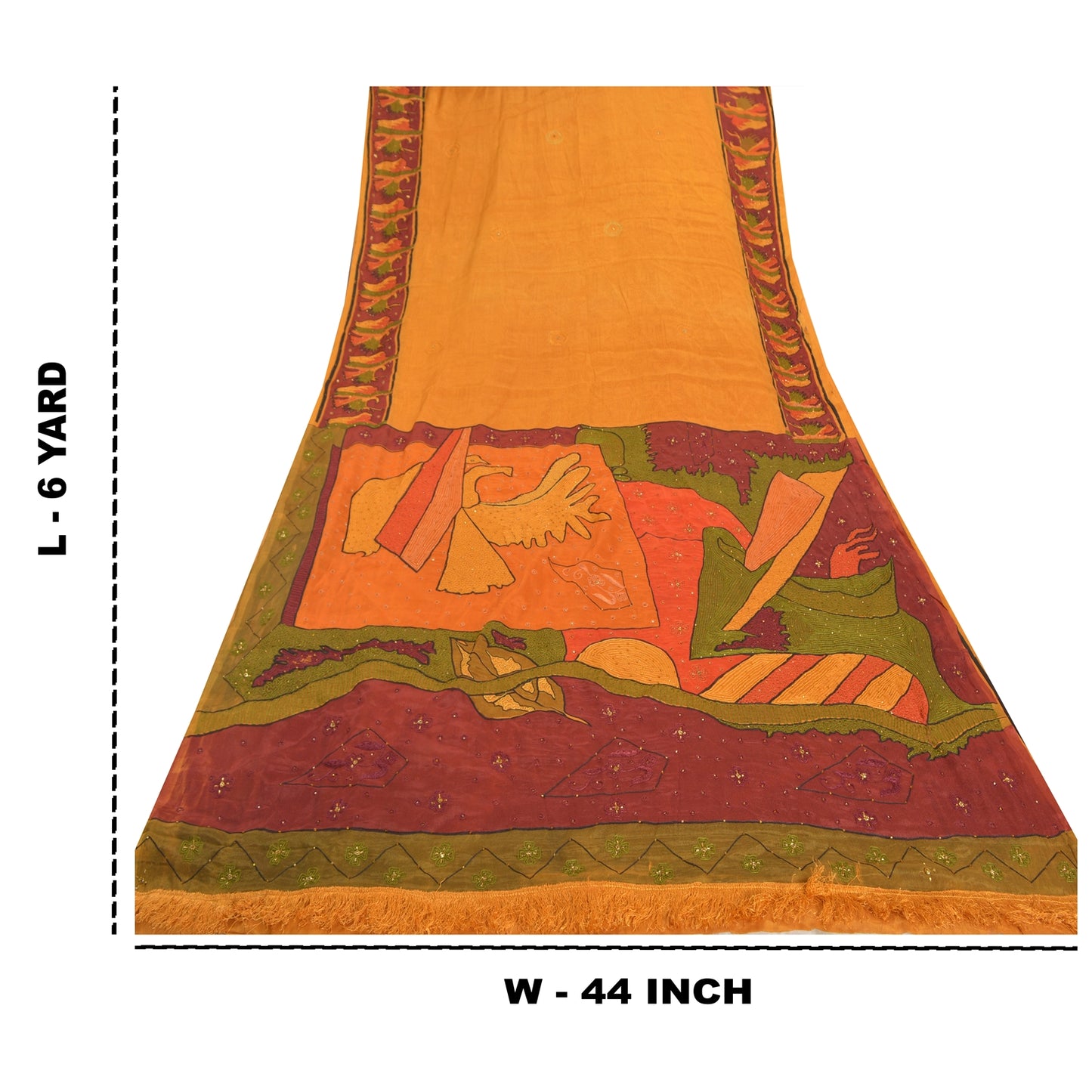 Sanskriti Vintage Saffron Sarees 100%Pure Silk Hand Beaded Sari 6YD Craft Fabric