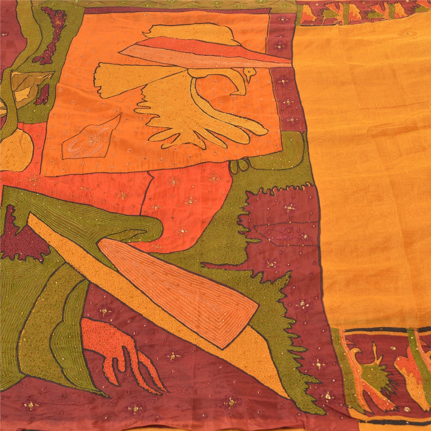 Sanskriti Vintage Saffron Sarees 100%Pure Silk Hand Beaded Sari 6YD Craft Fabric