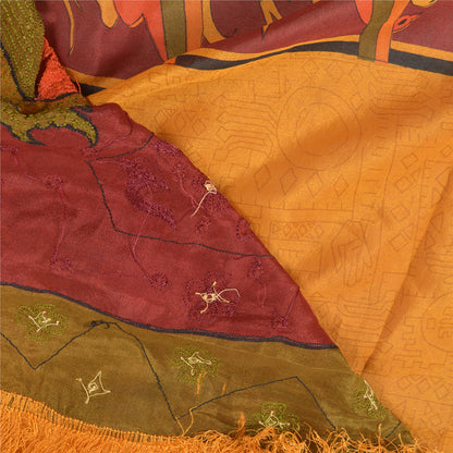 Sanskriti Vintage Saffron Sarees 100%Pure Silk Hand Beaded Sari 6YD Craft Fabric