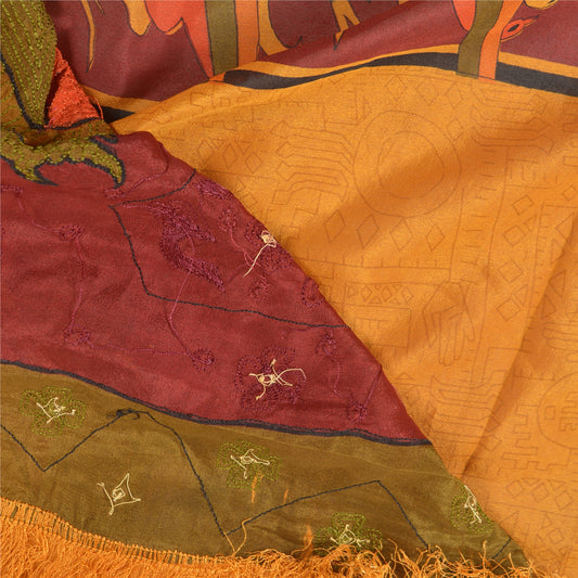 Sanskriti Vintage Saffron Sarees 100%Pure Silk Hand Beaded Sari 6YD Craft Fabric