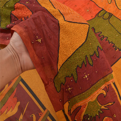 Sanskriti Vintage Saffron Sarees 100%Pure Silk Hand Beaded Sari 6YD Craft Fabric