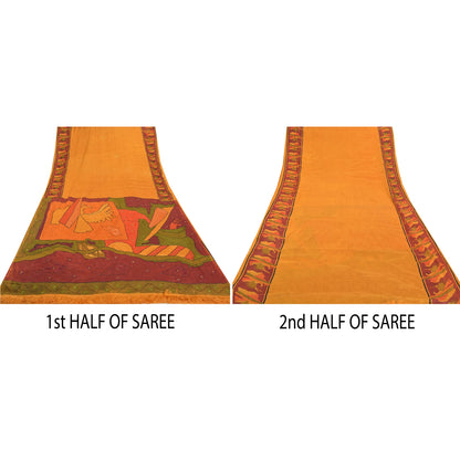 Sanskriti Vintage Saffron Sarees 100%Pure Silk Hand Beaded Sari 6YD Craft Fabric