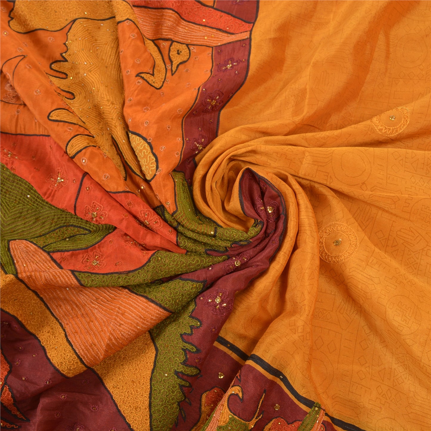 Sanskriti Vintage Saffron Sarees 100%Pure Silk Hand Beaded Sari 6YD Craft Fabric