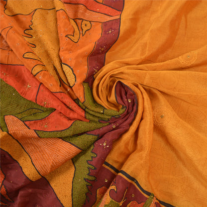 Sanskriti Vintage Saffron Sarees 100%Pure Silk Hand Beaded Sari 6YD Craft Fabric
