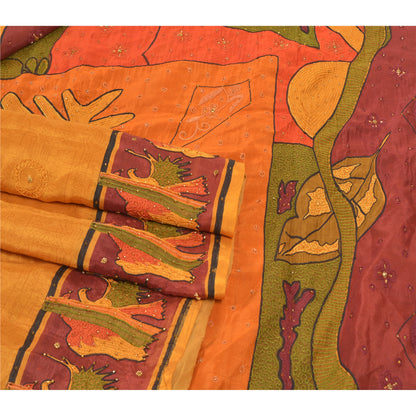Sanskriti Vintage Saffron Sarees 100%Pure Silk Hand Beaded Sari 6YD Craft Fabric