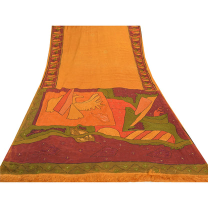 Sanskriti Vintage Saffron Sarees 100%Pure Silk Hand Beaded Sari 6YD Craft Fabric