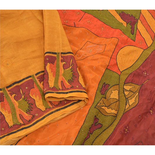 Sanskriti Vintage Saffron Sarees 100%Pure Silk Hand Beaded Sari 6YD Craft Fabric