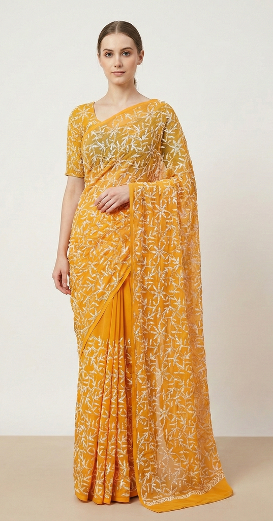 Sanskriti Vintage Sarees Georgette Handmade Chikankari Sari Fabric Blouse PC