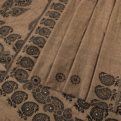 Sanskriti Vintage Indian Brown Sari Blend Silk Block Printed Sarees Craft Sustainable Fabric