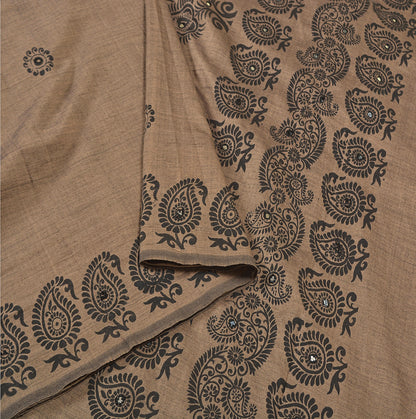 Sanskriti Vintage Indian Brown Sari Blend Silk Block Printed Sarees Craft Sustainable Fabric