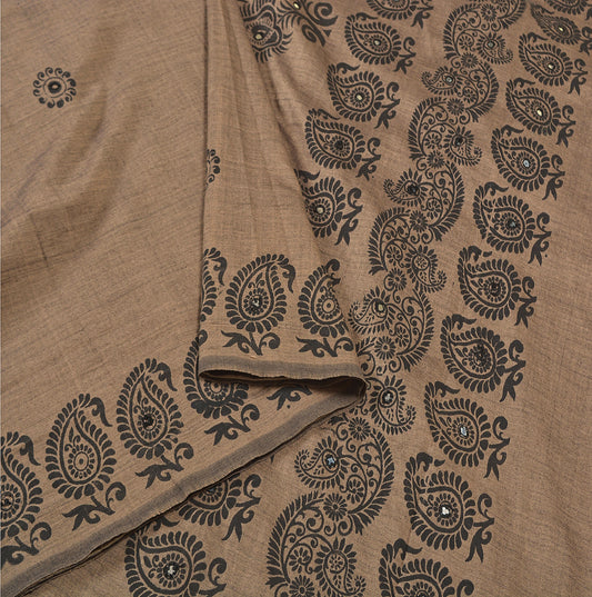 Sanskriti Vintage Indian Brown Sari Blend Silk Block Printed Sarees Craft Sustainable Fabric