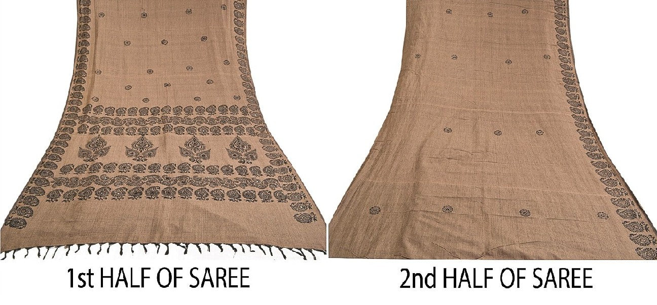 Sanskriti Vintage Indian Brown Sari Blend Silk Block Printed Sarees Craft Sustainable Fabric