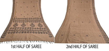 Sanskriti Vintage Indian Brown Sari Blend Silk Block Printed Sarees Craft Sustainable Fabric