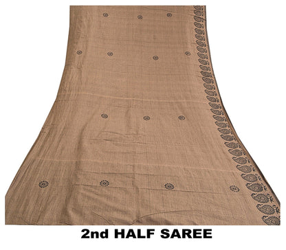 Sanskriti Vintage Indian Brown Sari Blend Silk Block Printed Sarees Craft Sustainable Fabric